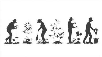 Obraz premium Linear silhouettes of farmers and gardeners working outdoors, ideal for landscape designs. Vector icon