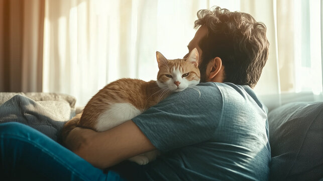 A man sits on a cozy couch with his cat in his arms, embracing it lovingly, symbolizing the special connection between them