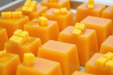 Fototapeta premium Vibrant mango gelatin cubes with fresh mango topping in a dessert display
