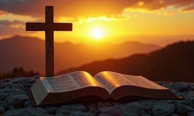 Cross silhouette open Bible golden sunset spiritual symbolism