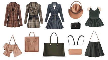 A flat lay of stylish women's outfits with elegant garments and trendy accessories, featuring modern cuts and timeless designs. seasonal fashion pieces suitable for summer or winter.  