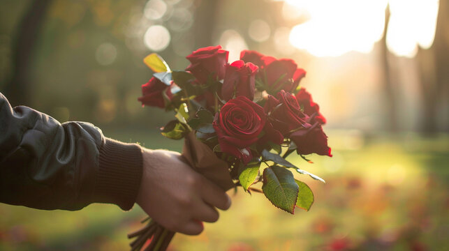 A young man's hand offers a bouquet of roses in a park. Valentine's day, on an isolated white background, object focused, png, stock image, hd quality, 
