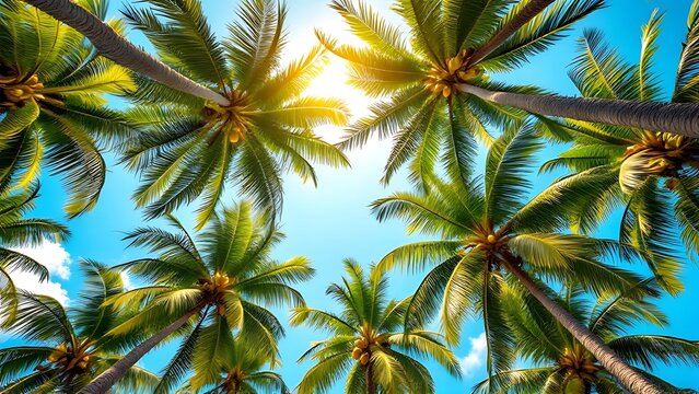 Looking up at blue sky and palm trees, view from below, vintage style, tropical beach and summer background, travel concept