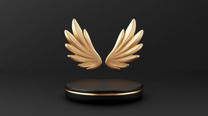 A stylized golden wings sculpture on a sleek base against a dark backdrop, Ideal for representing concepts like freedom, achievement, or inspiration in various design projects or advertisements,