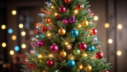 Sparkling Christmas tree branches with colorful decorations and bokeh lights, decorations, sparkling, Christmas