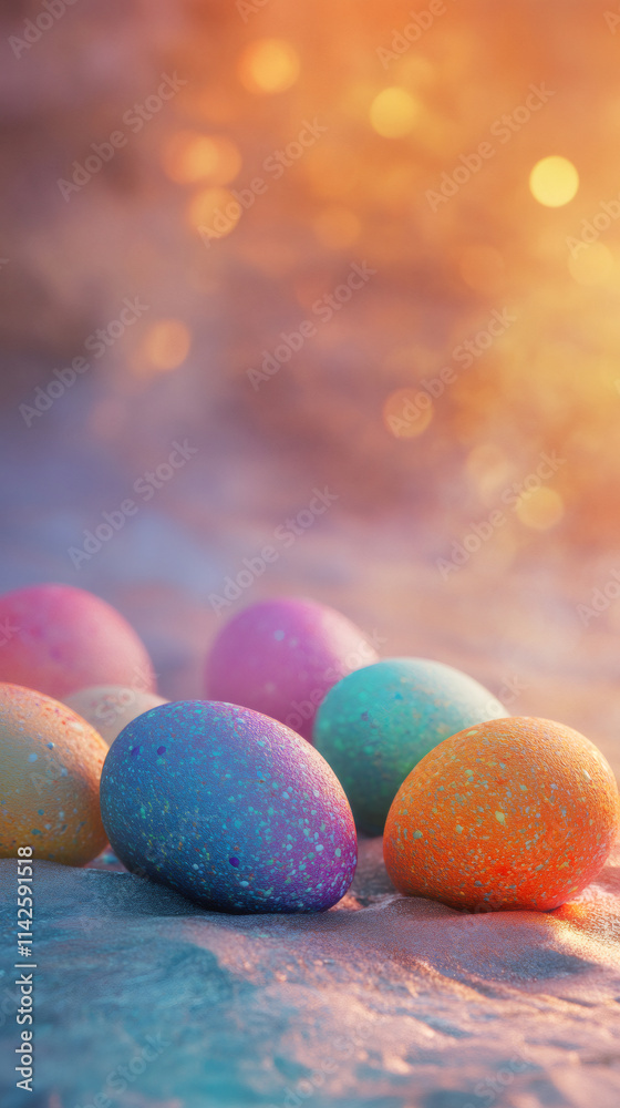 Poster pastel-colored easter eggs lie on a sandy beach, illuminated by the warm glow of the setting sun, cr