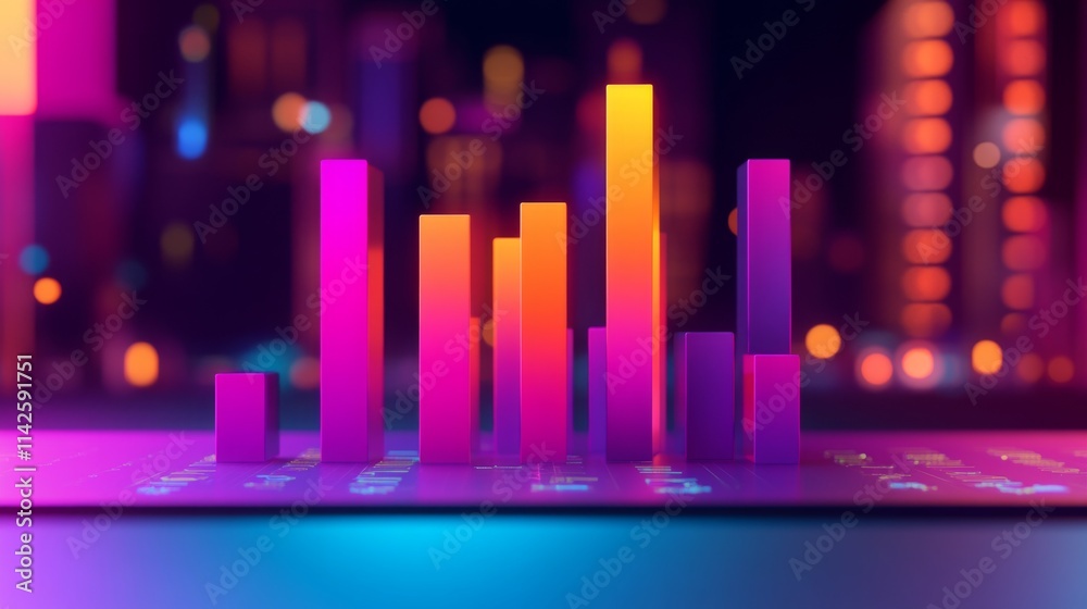 Poster Vibrant 3D Bar Graph on Digital Surface with Colorful Background