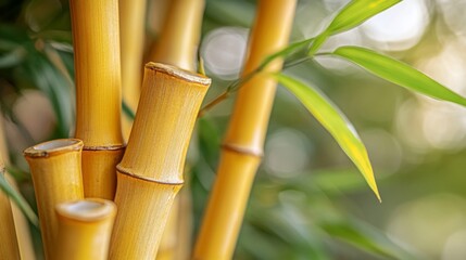 Fototapeta premium Golden Bamboo Stalks and Lush Green Leaves