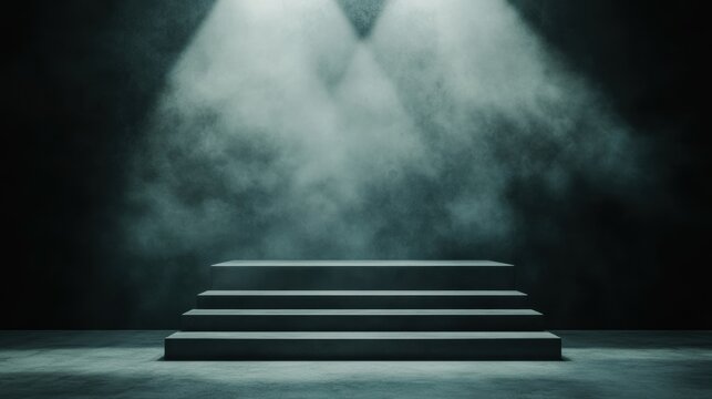 A dramatic stage setup featuring a set of stairs illuminated by beams of light in a foggy environment, Ideal for backgrounds in performances, award ceremonies, or promotional materials for events,