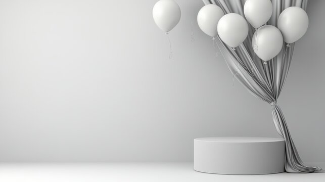 A minimalist setting featuring white balloons and elegant drapery, ideal for event promotion, party decorations, or celebratory themes, The neutral background allows for versatile design applications