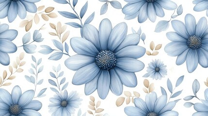 Soft Blue Floral Pattern with Delicate Leaves for Background Design