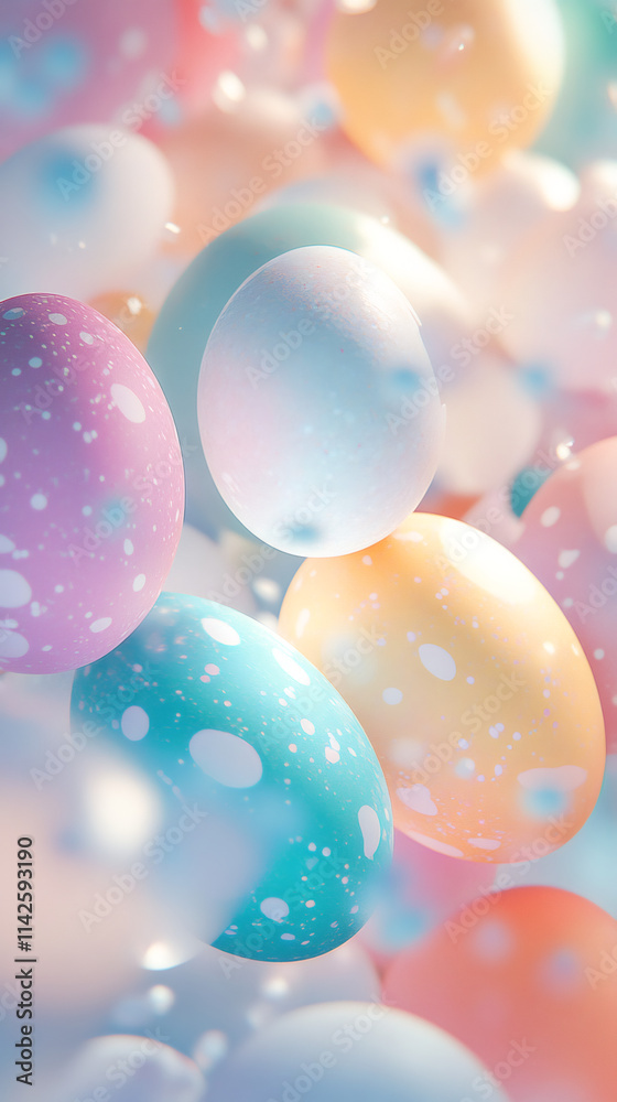 Poster pastel colored easter eggs with white dots floating in a soft pastel light create a festive and drea