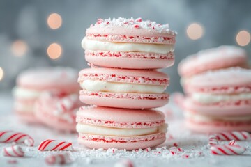 Stack of pink peppermint macarons with crushed candy canes