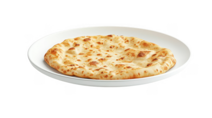 A soft, golden-brown naan bread served on a white plate, showcasing its fluffy texture and slight char spots.