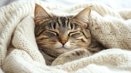 Tabby cat curled up in cozy knitted blanket in soft colors