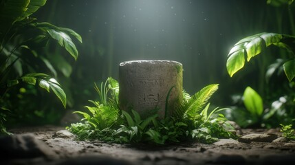 A mysterious stone artifact surrounded by lush greenery and soft light, ideal for themes of archaeology, nature, or adventure, Perfect for book covers, educational materials, or digital content,
