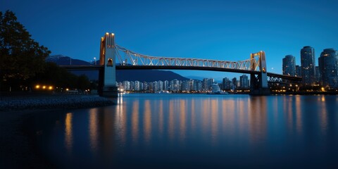Fototapeta premium An illuminated bridge over the water, connecting a vibrant cityscape at dusk with glowing urban reflections.