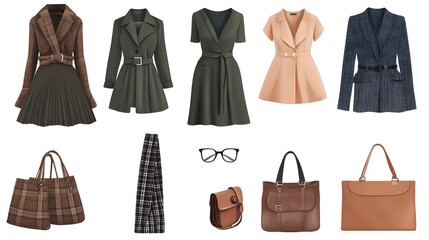 A flat lay of stylish women's outfits with elegant garments and trendy accessories, featuring modern cuts and timeless designs. seasonal fashion pieces suitable for summer or winter.  