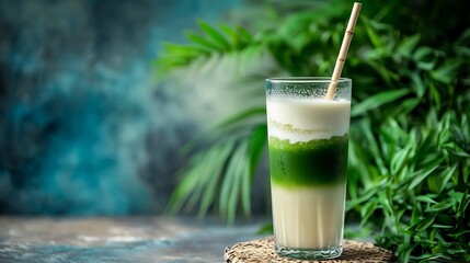 Refreshing Iced Matcha Latte with Lush Greenery in the Background