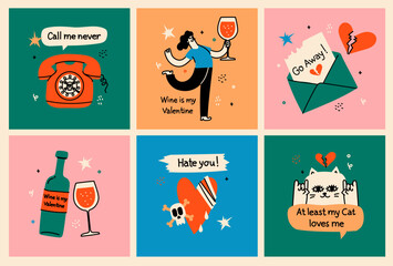 Anti-valentine day concept cards. Set of broken heart stickers. Heart, tears, parting, sadness, wine, cigarettes. Doodle style clipart.