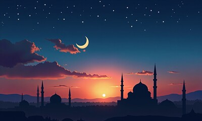 Obraz premium Silhouette of mosque domes and minarets crescent moon