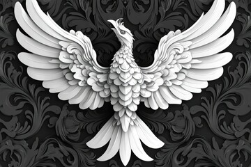 Obraz premium White ornate phoenix bird with spread wings against a dark floral background.
