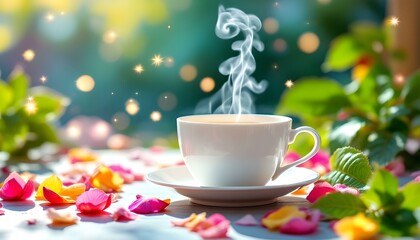 Fototapeta premium Morning Tea in White Cup with Rose Petals