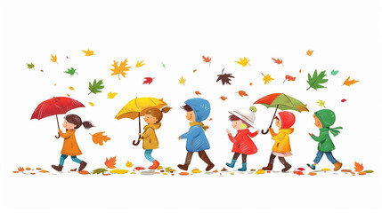 Fototapeta premium A rainy day with children playing outdoors in the park, enjoying fun activities like jumping in puddles and running with umbrellas, creating memories in the autumn foliage of the season.