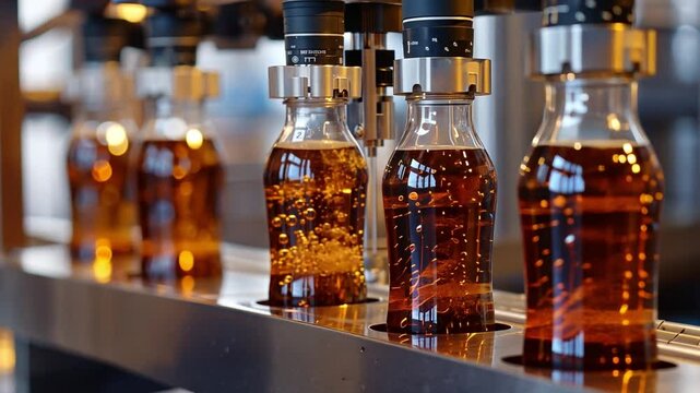 This Bottles filled with a fizzy drink are being processed in a sleek manufacturing setup.