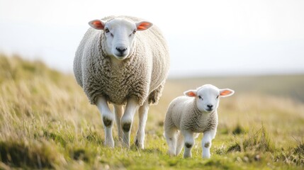 Fototapeta premium Baby Lamb Following Its Mother in a Serene Field