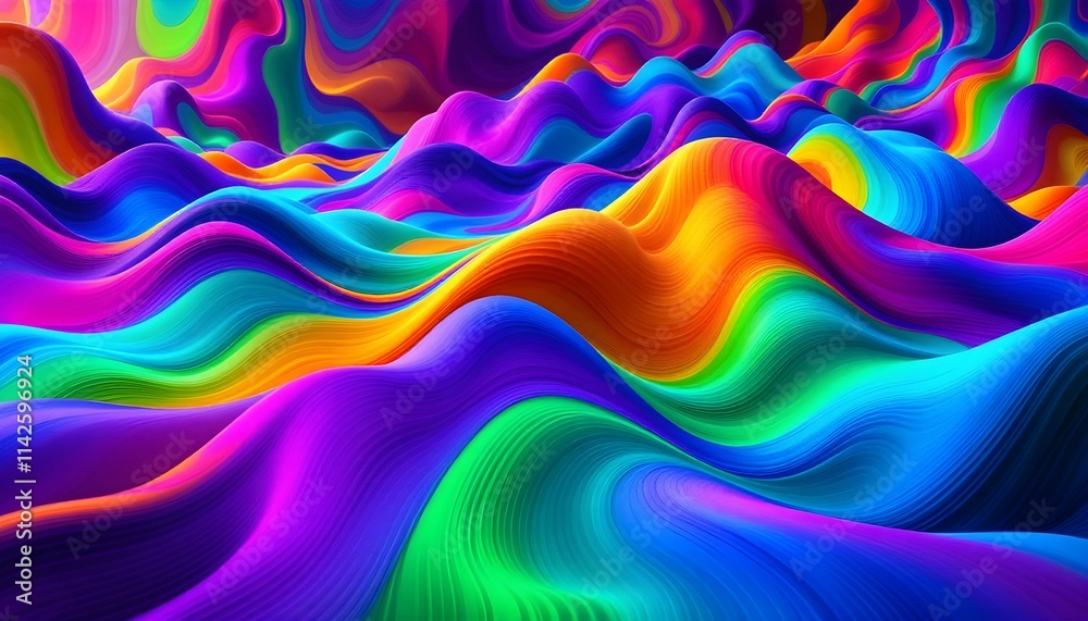 Poster Abstract wave patterns, vibrant gradient colors, fluid motion, undulating lines, dynamic curves, rainbow spectrum. Colorful waves flow in a rhythmic pattern, resembling a rainbow spectrum.