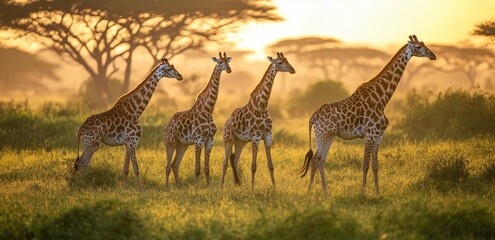 Four giraffes in the Serengeti, wide shot, green grass and trees in the background, golden hour lighting