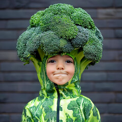 A cute kid dressed like a brocoli 