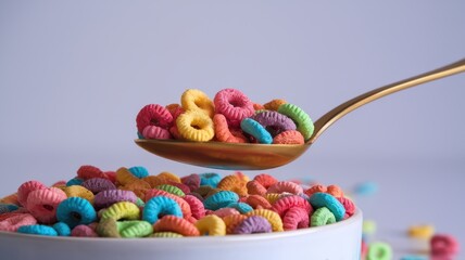 Spoon is in a bowl of colorful cereal