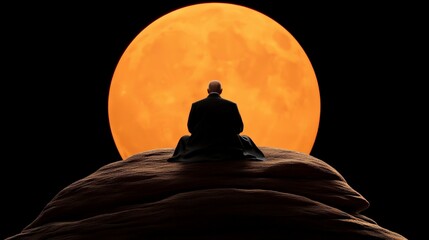 Serene Silhouette at Sunset: A lone figure meditates atop a hill, silhouetted against a massive, fiery orange moon.  The scene evokes peace, contemplation, and the vastness of the cosmos.