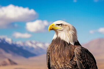 Fototapeta premium Majestic Eagle Soaring Over Rugged Mountain Landscape in Aerial Drone Photography