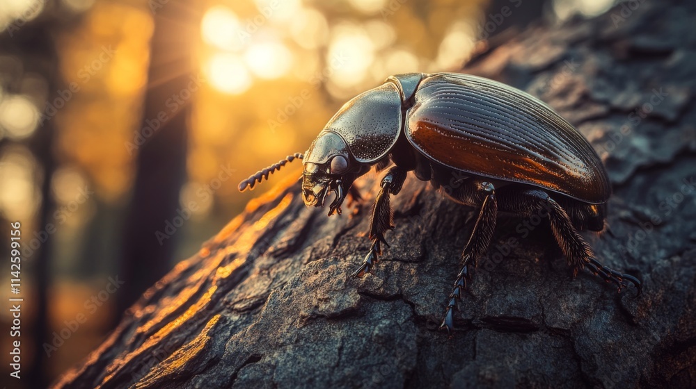 Poster close-up of a beetle on tree bark during golden hour light