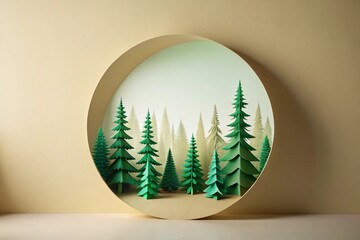 A round, light beige frame holds origami pine trees, light and dark green, on a pale beige background.