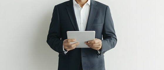 Professional man in business suit holding tablet device against a clean, white wall, demonstrating modern technology and corporate professionalism in a minimalistic environment