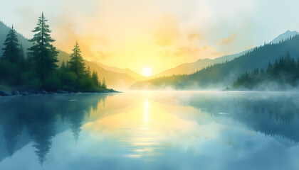 Fototapeta premium Peaceful Watercolor Lake with Reflective Shores