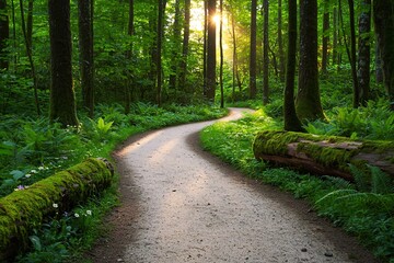 Fototapeta premium Winding Forest Path with Dappled Sunlight Moss Covered Logs and Lush Ferns