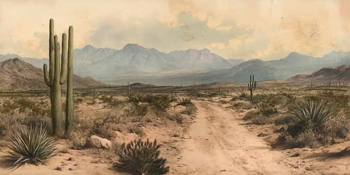  A vintage-inspired desert landscape with cacti and mountains, evoking the spirit of old photography and western adventure, copy space for text