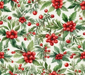 Watercolor Christmas elements including red berries and green sprigs in a seamless repeat pattern, festive, Christmas, green sprigs