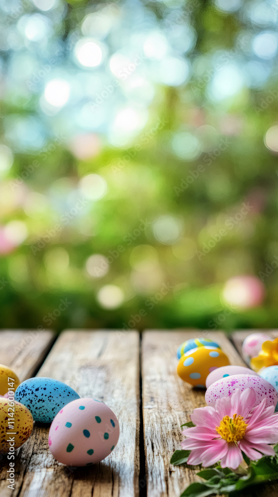 Poster vibrant easter eggs and a pink flower resting on a rustic wooden table in a garden with a soft green