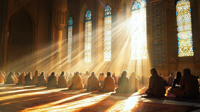 A group of worshippers kneeling in prayer, with golden sunlight pouring in through large windows, creating a warm and inviting atmosphere in the mosque