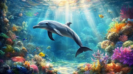 Obraz premium Dolphin Swimming Gracefully in Vibrant Underwater Coral Garden