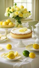 A rustic still life featuring a lemon tart, fresh citrus fruits, and tea set. The traditional arrangement creates a warm and inviting atmosphere, symbolizing coziness and the joy of indulgence.

