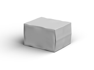 Rendered image of a small white rectangular dented box on a light background