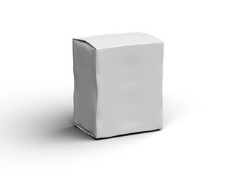 Rendered image of a small white rectangular dented box on a light background