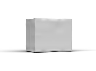 Rendered image of a small white rectangular dented box on a light background